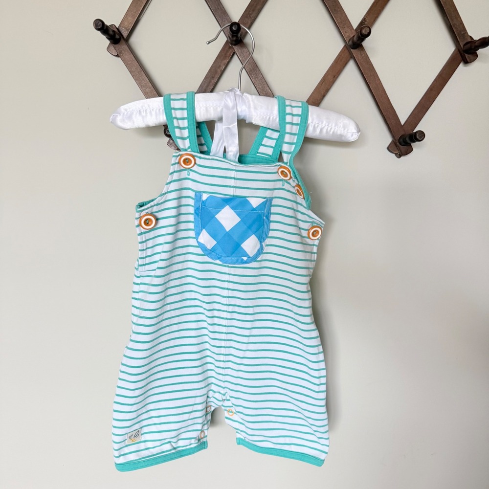 Wildflowers Clothing Teal White Striped Gingham Pocket Shortall Romper Size 2